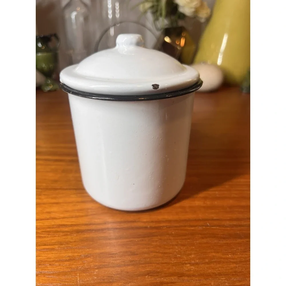 Vintage Enamelware Tea Canister White w/Black Trim Cottagecore Farmhouse